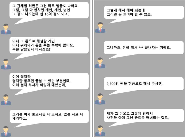 관세청 전 수사팀장(특별사법경찰관) A씨가 사건 무마 명목으로 수사 대상자에게 금원을 요구하는 대화 녹취록.서울중앙지검 보도자료 캡처