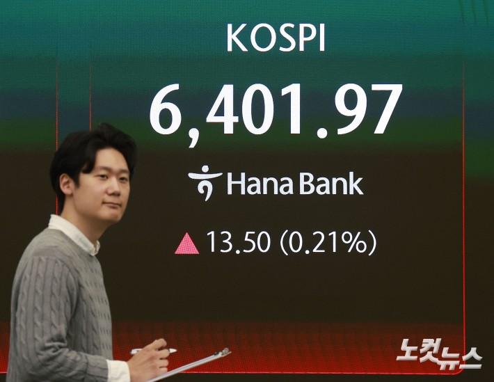 코스피가 장 초반 상승해 사상 첫 6400선을 돌파한 가운데 22일 오전 서울 중구 하나은행 딜링룸에 지수가 표시돼 있다.