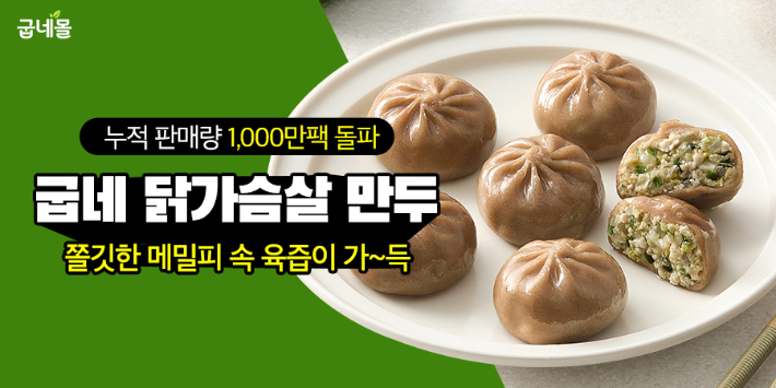 굽네몰은 대표 제품 '굽네 닭가슴살 만두'의 누적 판매량이 1,000만 팩을 돌파했다고 밝혔다. 굽네몰 제공