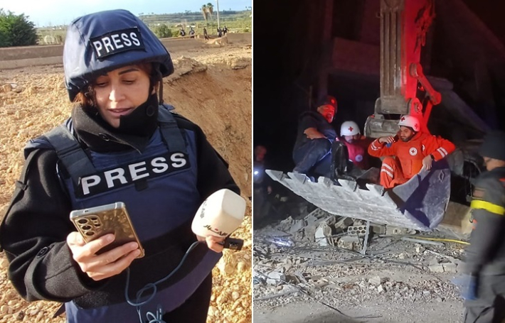 이스라엘의 레바논 공습으로 사망한 기자 아말 칼릴(왼쪽) 시신을 실은 굴착기 위에 적십자 자원봉사자들과 민방위대원이 앉아 있다. 연합뉴