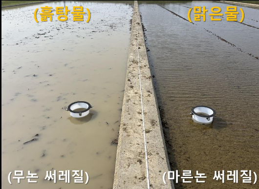 마른논 써레질이 무논 써레질에 비해 부유물질의 96%, 총인의 86%를 각각 경감시키는 것으로 나타났다. 농촌진흥청 제공