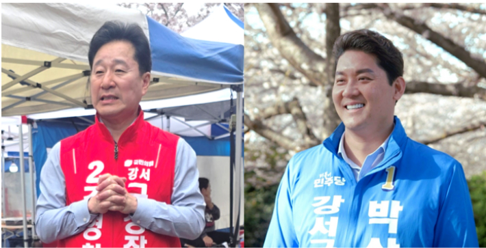 국민의힘 김형찬 부산 강서구청장 후보(왼쪽)와 더불어민주당 박상준 부산 강서구청장 후보. 각 후보 캠프 제공