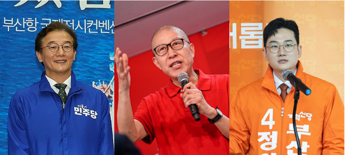부산시장 선거에 출마한 전재수 더불어민주당 후보(왼쪽), 박형준 국민의힘 후보(가운데), 정이한 개혁신당 후보. 연합뉴스, 각 캠프 제공