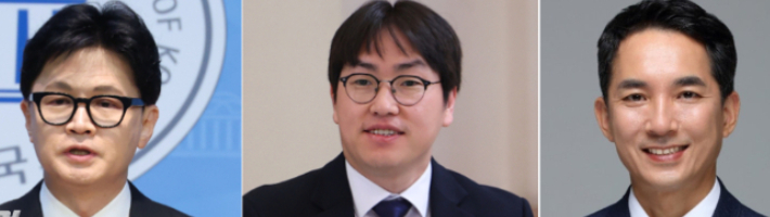 한동훈 전 국민의힘 대표(왼쪽)와 하정우 대통령실 수석, 박민식 전 국가보훈부 장관(오른쪽).  황진황 기자·연합뉴스