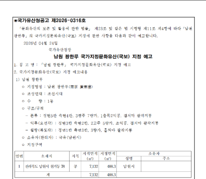 남원 광한루 국보 지정 예고 공고. 국가유산청 제공