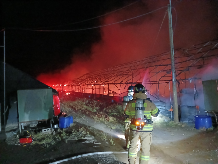 24일 오전 3시 8분쯤 경북 의성군 안평면의 한 양계장에서 불이 났다. 경북소방본부 제공 