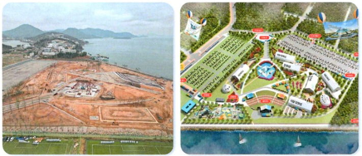 2026여수세계섬박람회 주행사장 기반시설 공사 현장(왼쪽)과 조감도. 여수세계섬박람회 조직위 제공