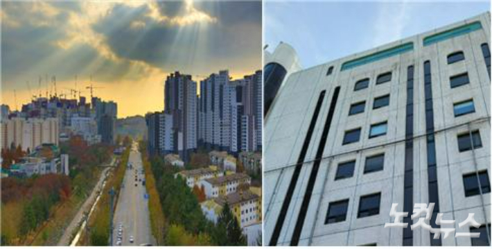 과천시 원도심 전경과 신천지 예배시설이 위치한 상가건물 모습. 박창주 기자