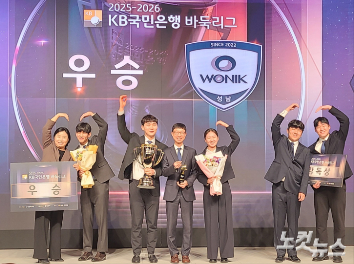 우승팀 원익 선수들이 하트 퍼포먼스로 수상의 기쁨을 표현하고 있다. 동규기자