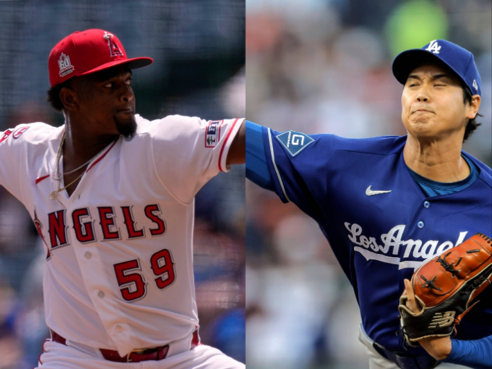 오타니 쇼헤이(사진 오른쪽)와 호세 소리아노의 역투 장면. 연합뉴스