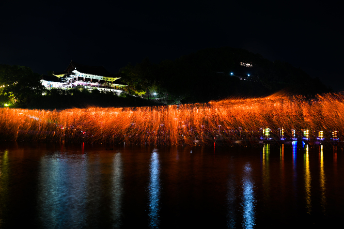 지난 24일 '2026 밀양국가유산야행' 행사의 일환으로 밀양강에서 화려한 어화 꽃불놀이가 펼쳐지고 있다. 밀양시 제공