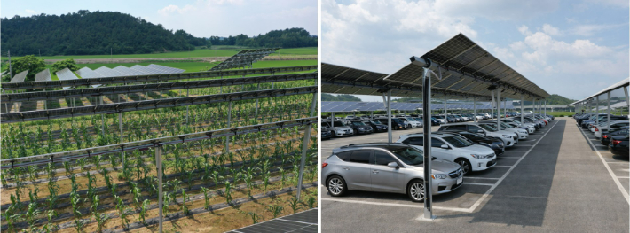 영농형 추적식 태양광 전경 및 주차장 단축추적식 태양광 전경. 파루 제공