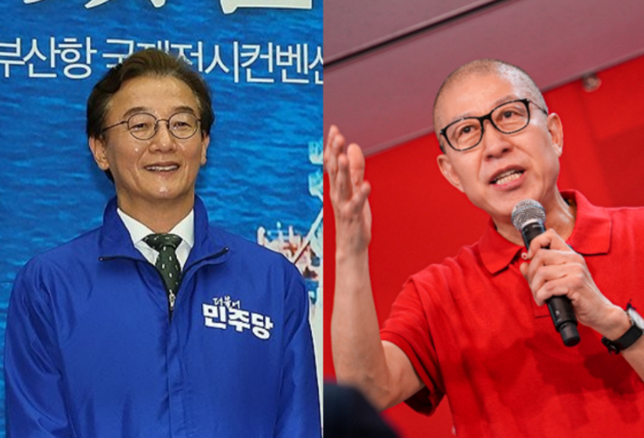 부산시장 후보인 더불어민주당 전재수 의원과 국민의힘 박형준 시장. 각 캠프 제공