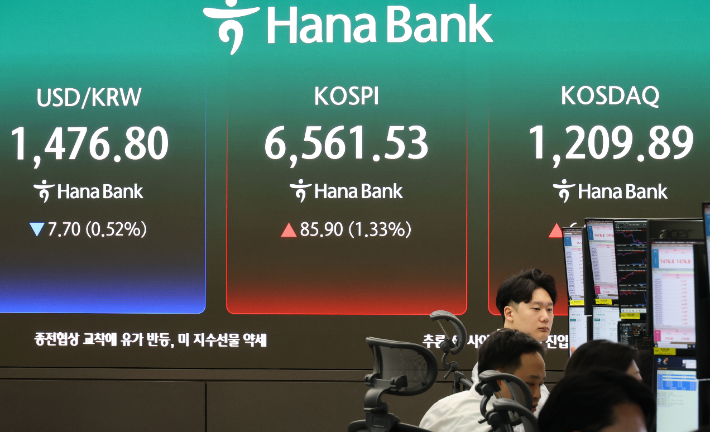 27일 서울 중구 하나은행 본점 딜링룸에서 직원들이 증시와 환율을 모니터하고 있다. 연합뉴스