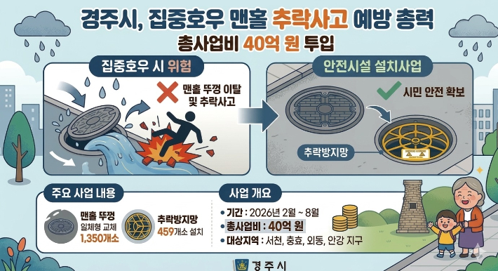 경주시가 집중호우에 대비해 침수취약지 맨홀 추락사고 예방을 위한 안전시설 설치사업을 추진한다. 경주시 제공