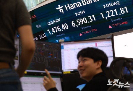 코스피·코스닥 동반 랠리에 한국 증시 시가총액이 사상 처음으로 6,000조 원을 넘어선 가운데 27일 오전 서울 중구 하나은행 딜링룸에 지수가 표시돼 있다.