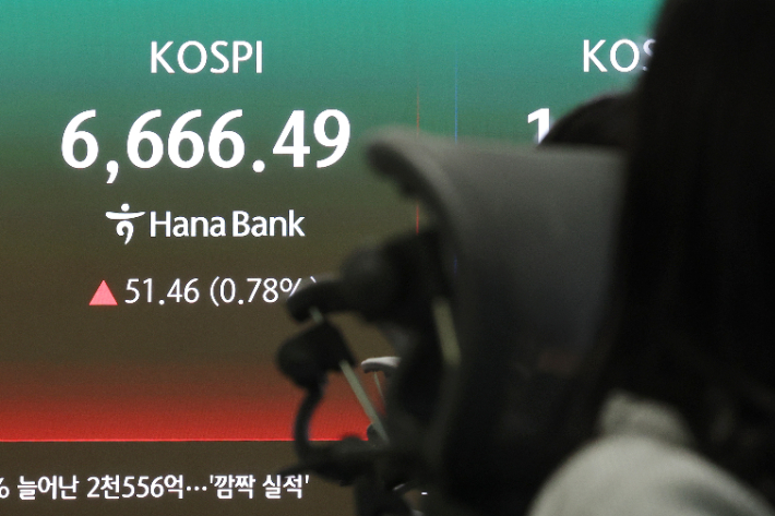 코스피가 상승 출발해 장중 최고치를 다시 경신한 28일 서울 하나은행 본점 딜링룸에서 딜러들이 업무를 보고 있다. 연합뉴스