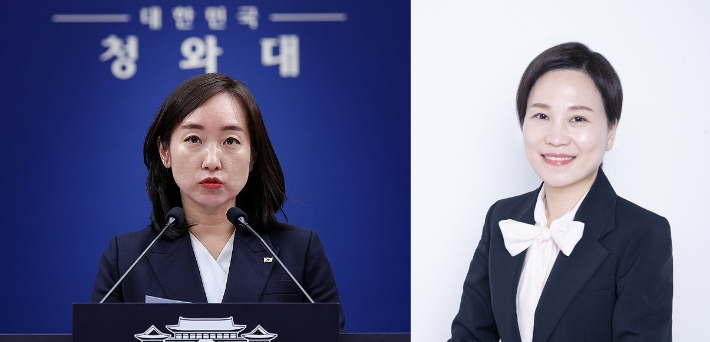 충남 아산을 국회의원 보궐선거에 출마하는 전은수 청와대 대변인(왼쪽)과 김민경 국민의힘 후보. 연합뉴스·캠프 제공