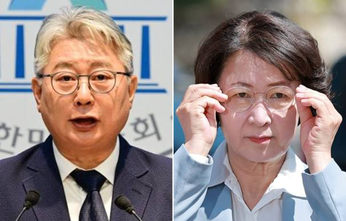 경기도지사 출마한 조응천 개혁신당 후보(왼쪽)와 추미애 더불어민주당 후보. 윤창원 기자·연합뉴스