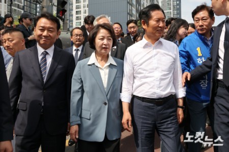 하남 덕풍시장 찾은 정청래-추미애-이광재-강병덕