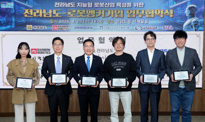 전남도 강위원 경제부지사는 29일 도청서 레인보우로보틱스, 두산로보틱스, 뉴로메카, 클로봇, 시즐 등 국내 로봇 앵커기업 5개사 대표 등과 '지능형 로봇산업 육성을 위한 업무협약'을 했다. 전라남도 제공