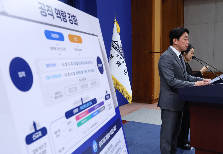 강훈식 비서실장이 29일 청와대 춘추관에서 '공직역량 강화' 핵심성과 및 추진계획 브리핑을 하고 있다. 연합뉴스