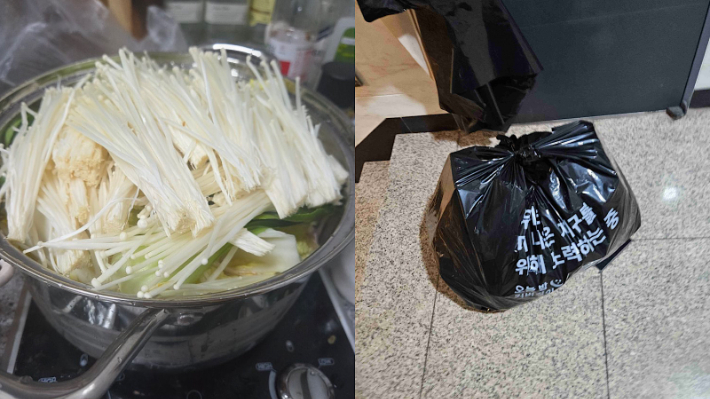서울에서 자취하는 직장인 김현정(가명·28)씨가 만든 배추찜(왼쪽)과 다 쓰지 못하고 남은 재료와 음식이 쌓여 버린 쓰레기(오른쪽). 김씨 제공