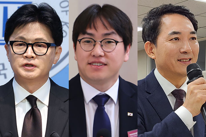 한동훈 전 국민의힘 대표(왼쪽)와 하정우 대통령실 수석, 박민식 전 국가보훈부 장관(오른쪽). 황진환 기자·연합뉴스