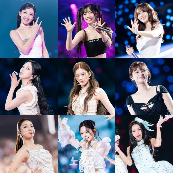 맨 윗줄 왼쪽부터 트와이스 나연, 다현, 모모. 두 번째 줄 왼쪽부터 미나, 사나, 정연. 세 번째 줄 왼쪽부터 지효, 쯔위, 채영. JYP엔터테인먼트 제공, 제작=김수정 기자