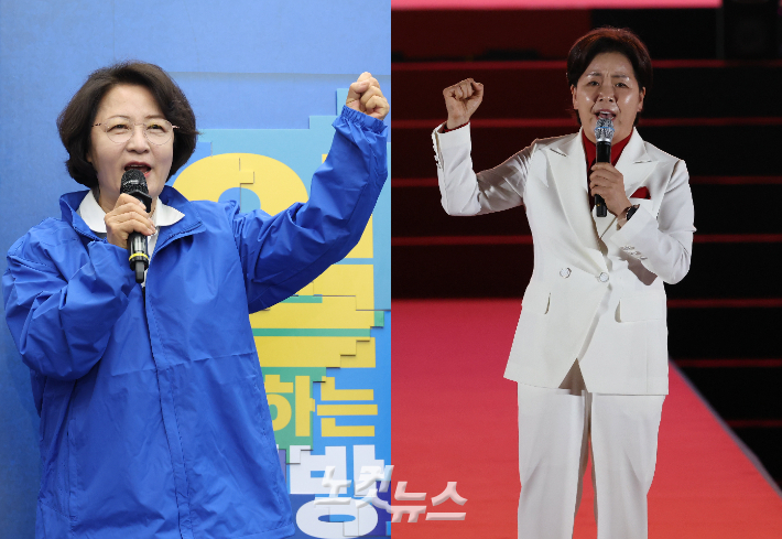 (왼쪽부터) 더불어민주당 추미애 경기지사 후보와 국민의힘 양향자 경기지사 후보. 윤창원 기자
