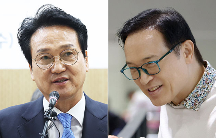 안민석 경기도교육감 예비후보(왼쪽)와 임태희 현 경기도교육감. 연합뉴스
