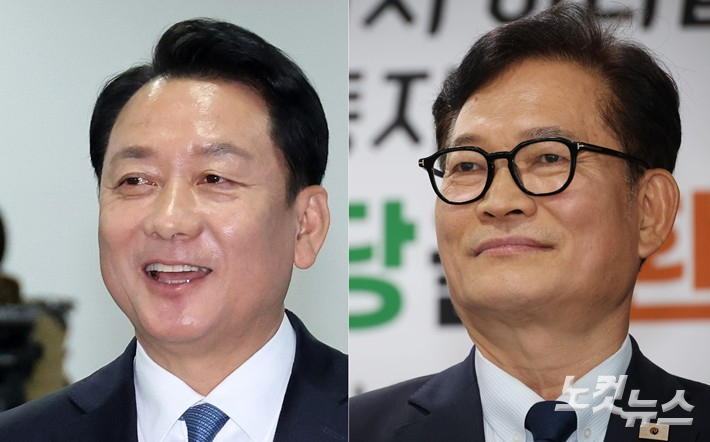 더불어민주당 이광재 경기 하남갑 후보(사진 왼쪽)와 송영길 인천 연수갑 후보. 연합뉴스, 황진환 기자