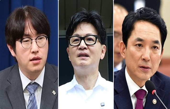(왼쪽부터) 하정우 전 대통령실 AI 수석, 한동훈 전 국민의힘 대표, 박민식 전 국가보훈부 장관. 연합뉴스
