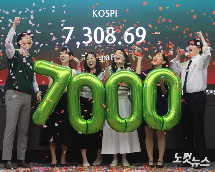 코스피가 사상 처음으로 장중 7000선을 돌파한 6일 오전 서울 중구 하나은행 딜링룸에 지수가 표시돼 있다.