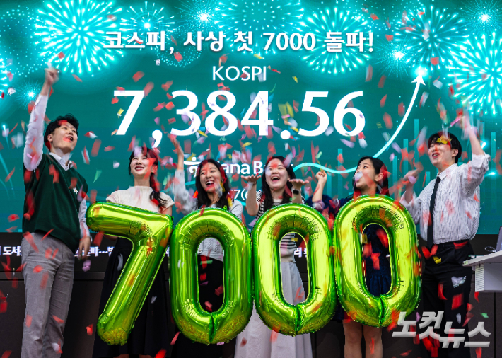 코스피가 종가 기준 사상 처음 7천선을 돌파한 6일 서울 중구 하나은행 딜링룸에서 직원들이 축하 세레머니를 하고 있다. 이날 코스피는 전일보다 447.57포인트(6.45%) 오른 7384.56으로 마감했다. 박종민 기자