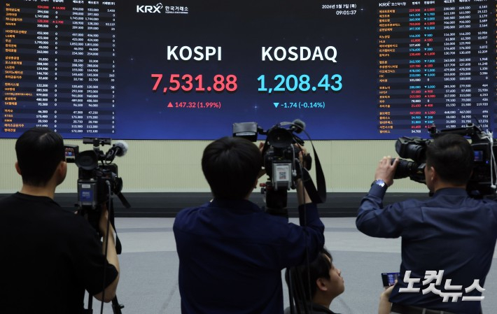 지난 6일 코스피 지수가 7천 포인트를 돌파한 가운데 7일 서울 여의도 한국거래소 전광판에 코시피 지수가 표시되고 있다. 황진환 기자