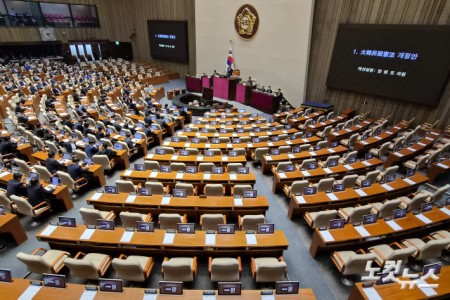 7일 서울 여의도 국회에서 열린 제435회국회(임시회) 제1차 본회의에 대한민국헌법 개정안이 상정된 가운데 국민의힘 의원들이 불참하며 자리가 비어있다.