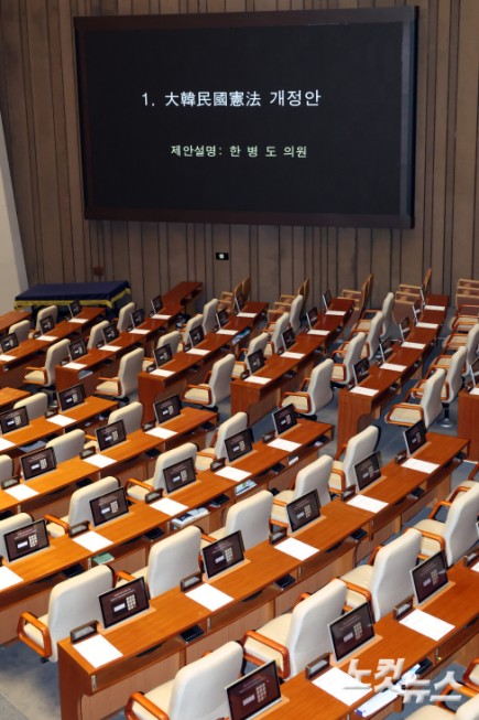 7일 서울 여의도 국회에서 열린 제435회국회(임시회) 제1차 본회의에 대한민국헌법 개정안이 상정된 가운데 국민의힘 의원들이 불참하며 자리가 비어있다.