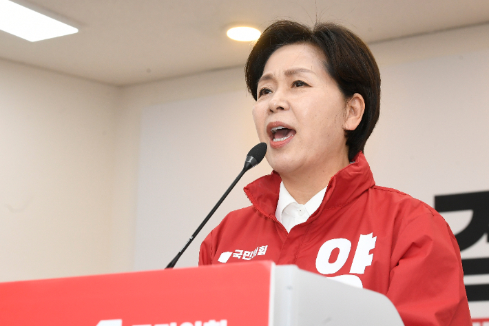 6일 경기도 수원시 장안구 국민의힘 경기도당에서 열린 '제9회 전국동시지방선거 경기도당 필승 결의대회'에서 양향자 경기지사 후보가 발언하고 있다. 연합뉴스