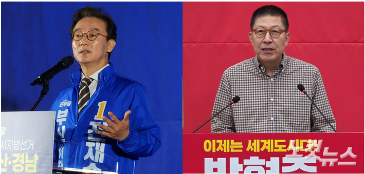 전재수 더불어민주당 부산시장 후보(왼쪽)와 박형준 국민의힘 부산시장 후보. 정혜린·강민정 기자