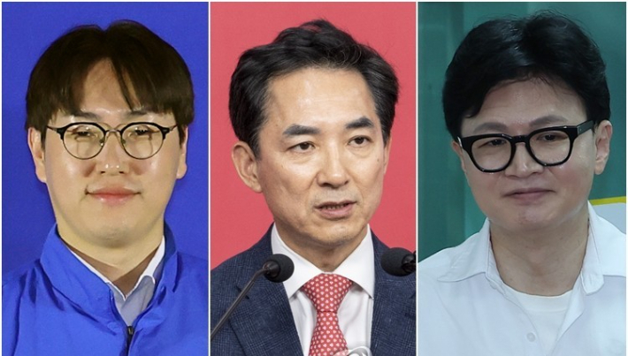 부산 북구갑 더불어민주당 하정우 후보, 국민의힘 박민식 후보, 무소속 한동훈 후보. 연합뉴스