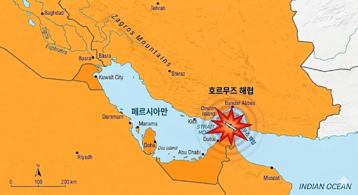 호르무즈 해협 인근 지도. AI 생성 이미지