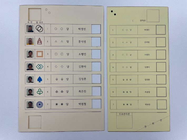 피플퍼스트가 요구하는 투표보조용구. 후보자 사진, 당의 색깔과 로고가 들어간 용구를 기존 투표용지에 끼워서 사용할 수 있다. 피플퍼스트 서울센터 제공