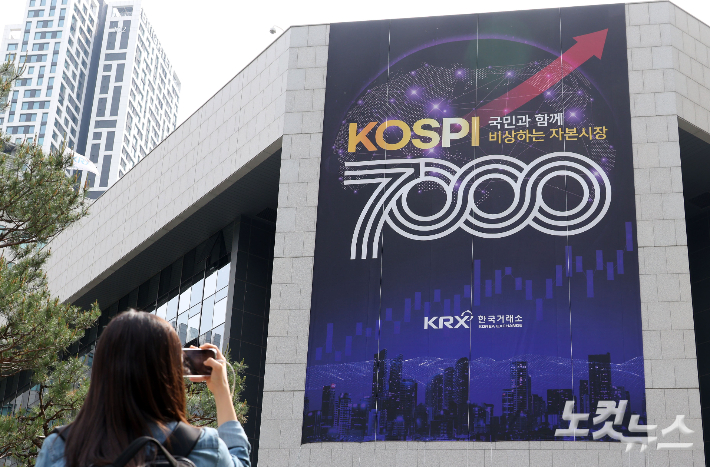 지난 6일 코스피 지수가 7천 포인트를 돌파한 가운데 7일 서울 여의도 한국거래소에 관련 현수막이 걸려 있다. 황진환 기자