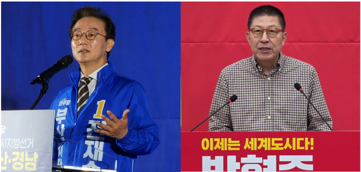 전재수 더불어민주당 부산시장 후보(왼쪽)와 박형준 국민의힘 부산시장 후보 정혜린 기자, 강민정 기자