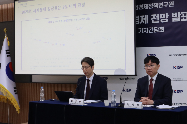 대외경제정책연구원(KIEP)은 12일 오전 10시 정부세종청사 재정경제부 4층 브리핑실에서 '2026년 세계경제 전망(업데이트)'을 발표했다. 윤상하(왼쪽) KIEP 국제거시금융실장과 이시욱 KIEP 원장. KIEP 제공