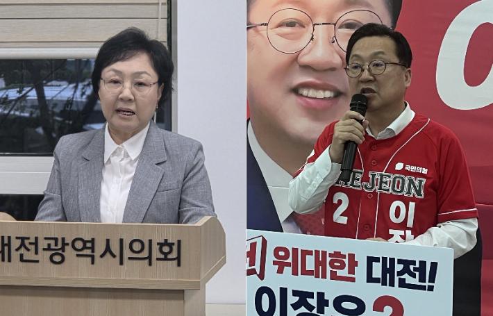 허태정 민주당 후보 선대위 정책본부의 최혜진 분과장(사진 왼쪽)이 12일 문화스포츠예술 분야 공약을 발표하고 있다. 허 후보 선거사무소 제공. 이장우 국민의힘 후보가 12일 선거사무소에서 청년·교육·인재육성 분야 공약을 발표하고 있다. 정세영 기자