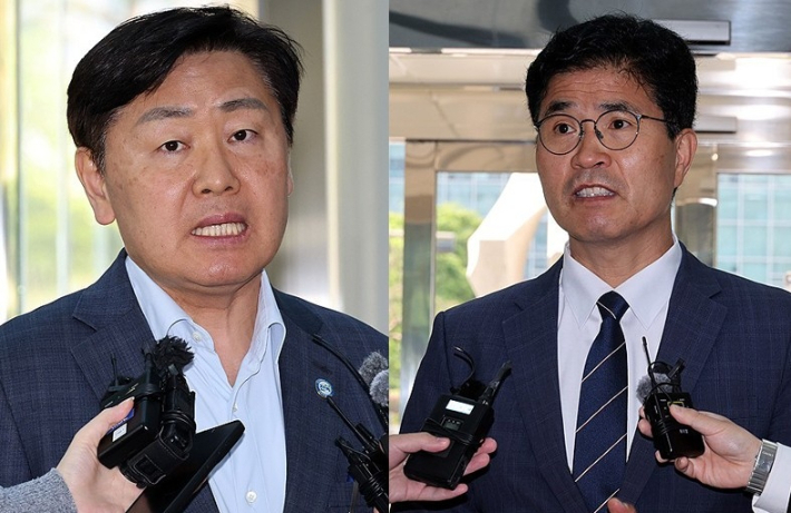 경찰 출석한 김관영(왼쪽) 예비후보와 이원택 예비후보. 연합뉴스