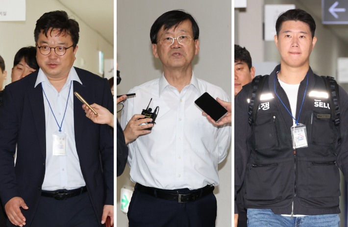 2차 사후조정회의에 참석하는 삼성전자 대표교섭위원인 김형로 부사장(왼쪽부터), 최승호 초기업노조 삼성전자지부 위원장. 황기돈 중노위 준상근조정위원. 연합뉴스