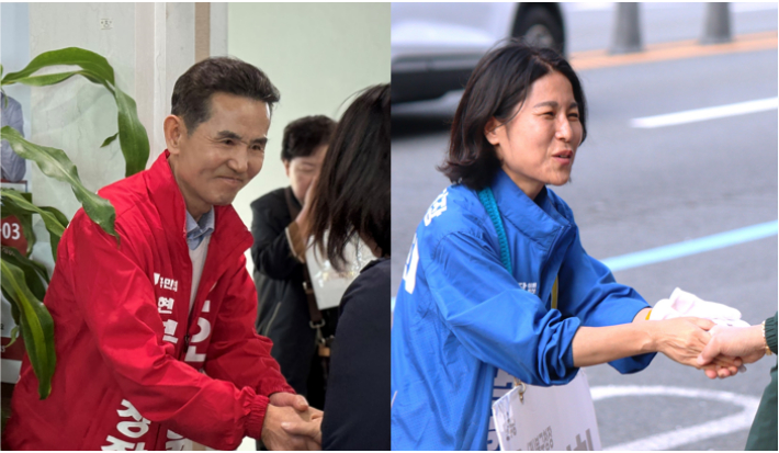 오태원 국민의힘 부산 북구청장 후보(왼쪽)과 정명희 더불어민주당 부산 북구청장 후보. 각 후보 캠프 제공
